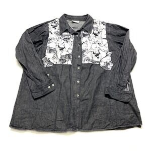 The Quacker Factory Puppy Dog Patchwork Shirt Men XL Black Denim  Button-Up
